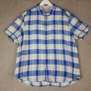 Tommy Bahama Shirt Adult XL Linen Blue Plaid Button Up Casual Summer Beach